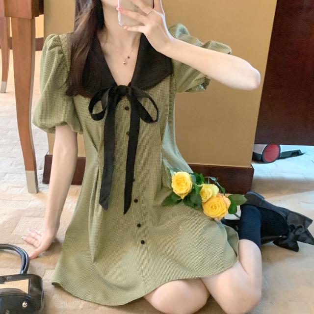 リボン襟付きウエストタックミニワンピース