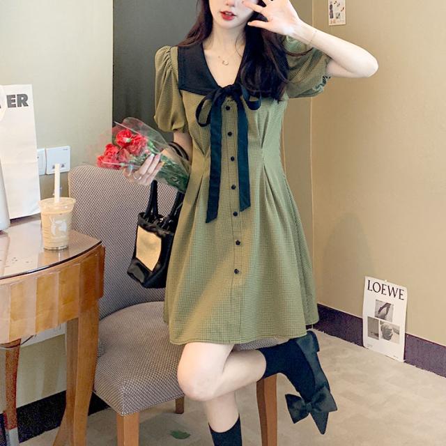 リボン襟付きウエストタックミニワンピース