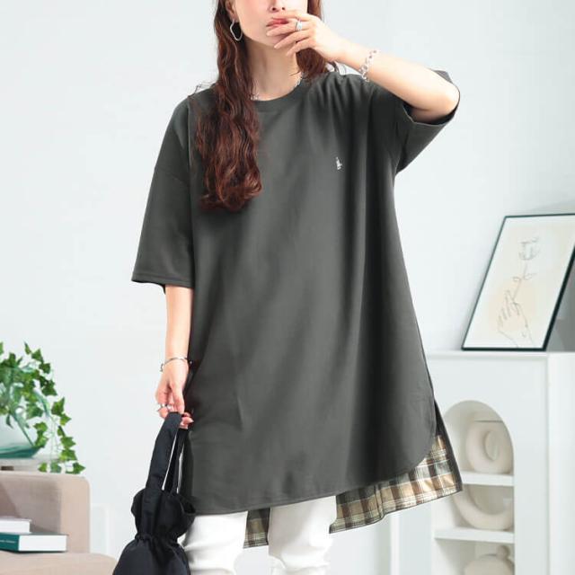 チェックステップヘムチュニックTシャツ