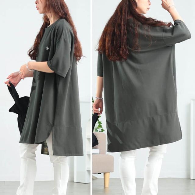 チェックステップヘムチュニックTシャツ