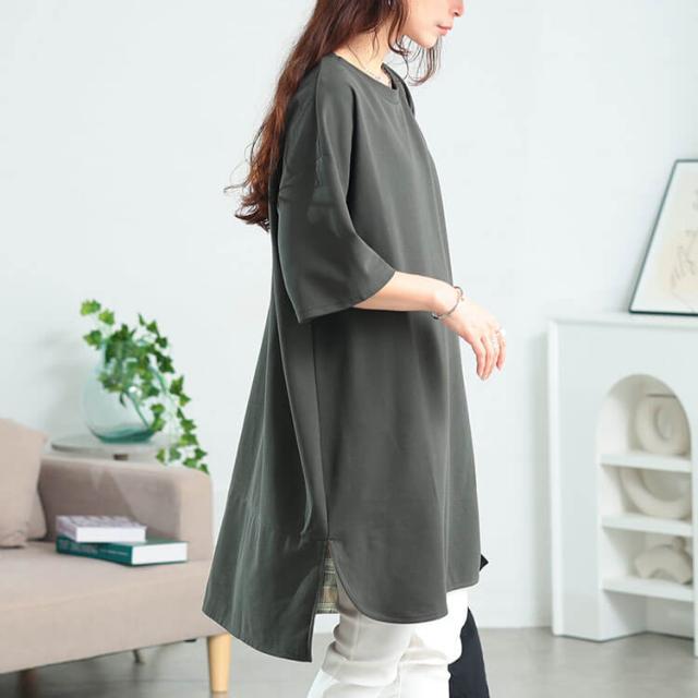 チェックステップヘムチュニックTシャツ