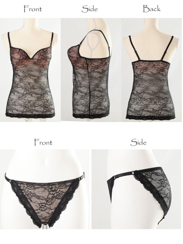 カップ付きシアーレースキャミソール&シアーレースショーツ2点セット