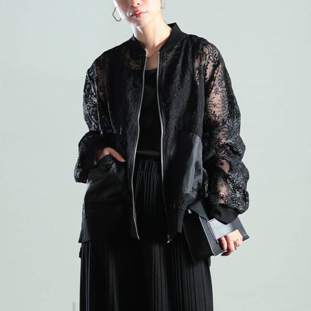 花柄レース異素材切り替えMA-1ブルゾン