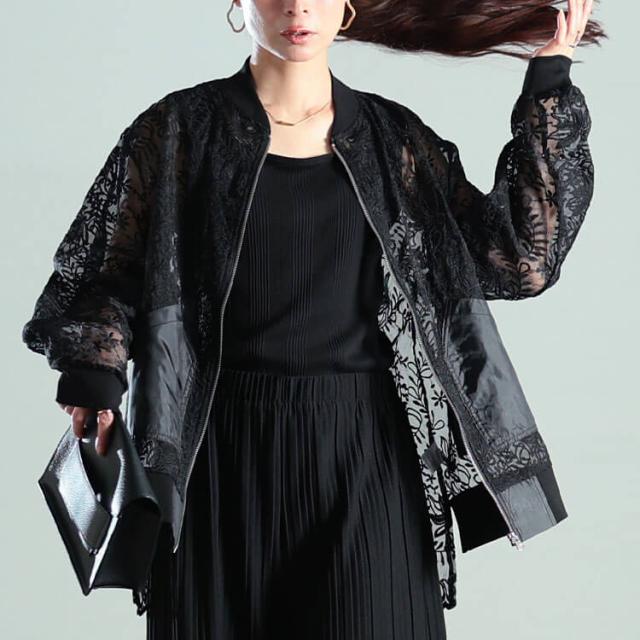 花柄レース異素材切り替えMA-1ブルゾン