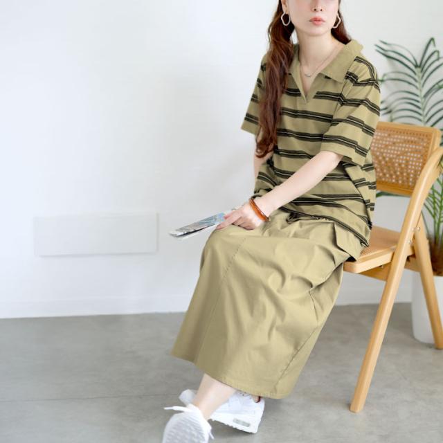 キーネックポロT＆ミリタリーロングスカートセット
