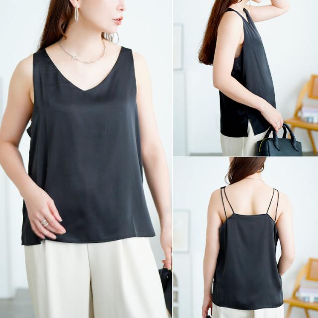 バックストラップVネックノースリーブトップス