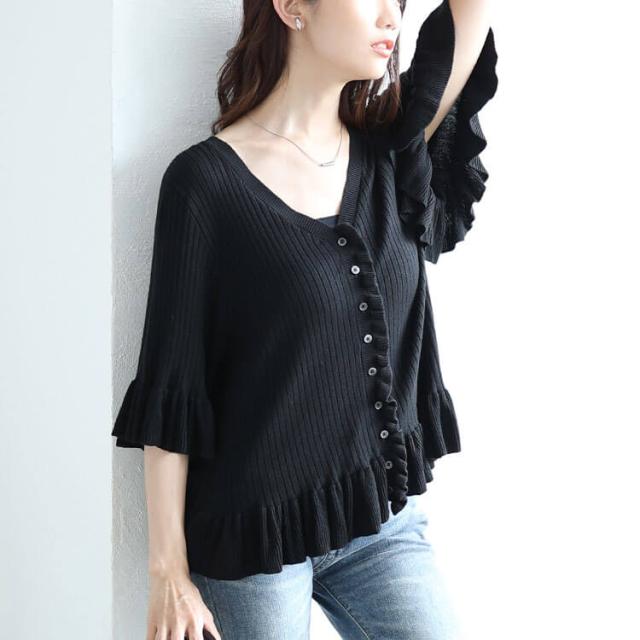 フリル使いリブニットカーディガン