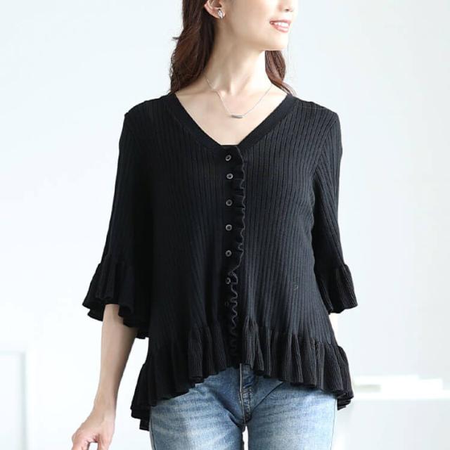 フリル使いリブニットカーディガン