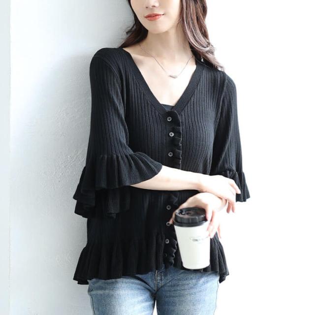 フリル使いリブニットカーディガン