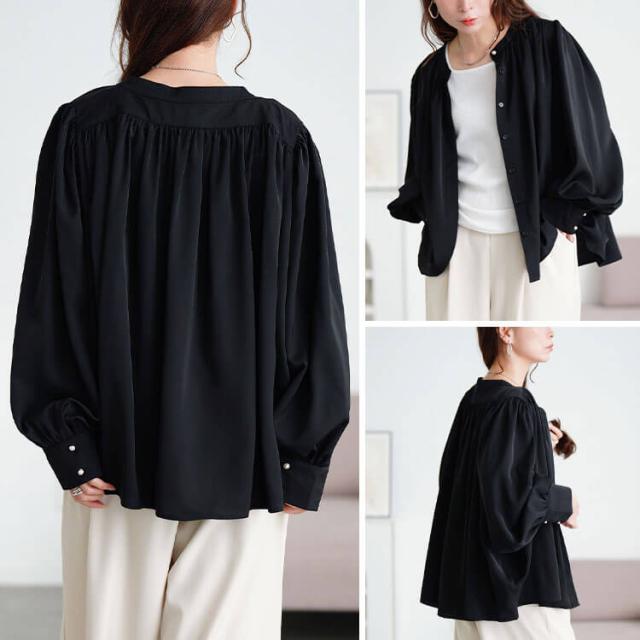 パールボタンバンドカラーギャザーブラウス