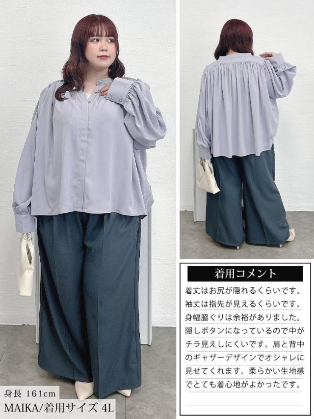 パールボタンバンドカラーギャザーブラウス