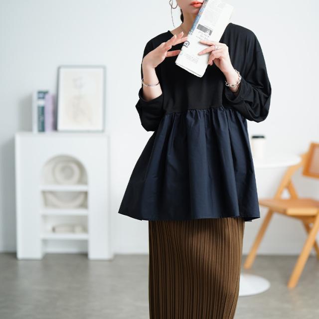 異素材ペプラム切り替えプルオーバー