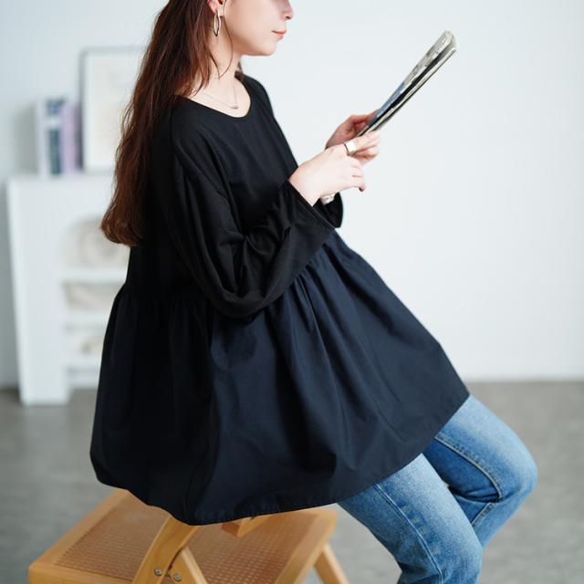 異素材ペプラム切り替えプルオーバー