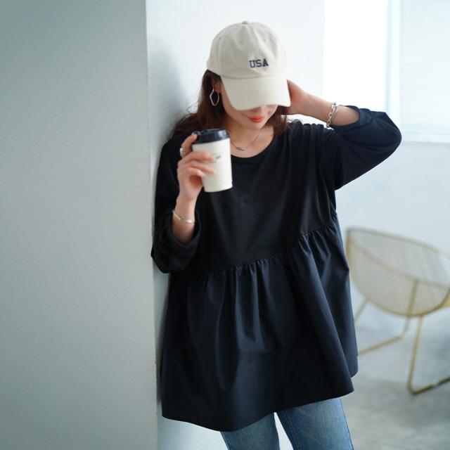 異素材ペプラム切り替えプルオーバー