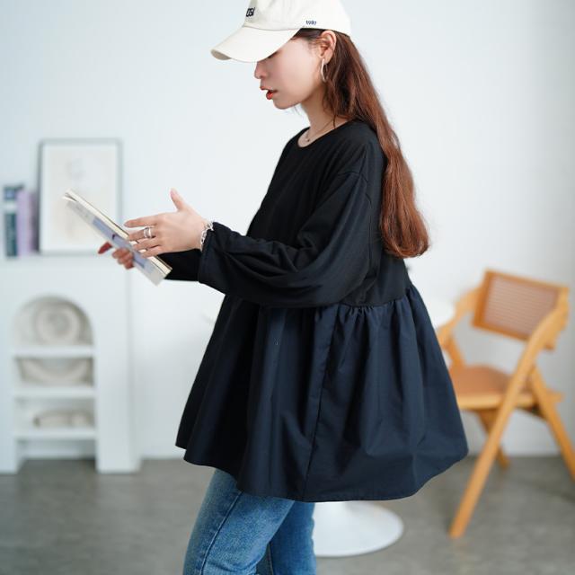 異素材ペプラム切り替えプルオーバー