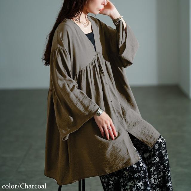 ワイドスリーブギャザー切り替えチュニック
