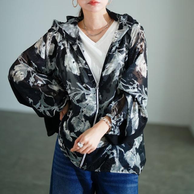 シアー花柄配色ティアード切り替えパーカー