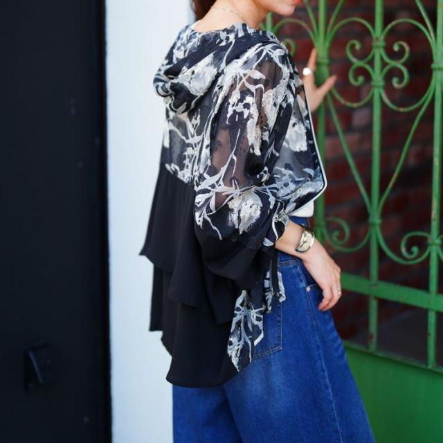 シアー花柄配色ティアード切り替えパーカー