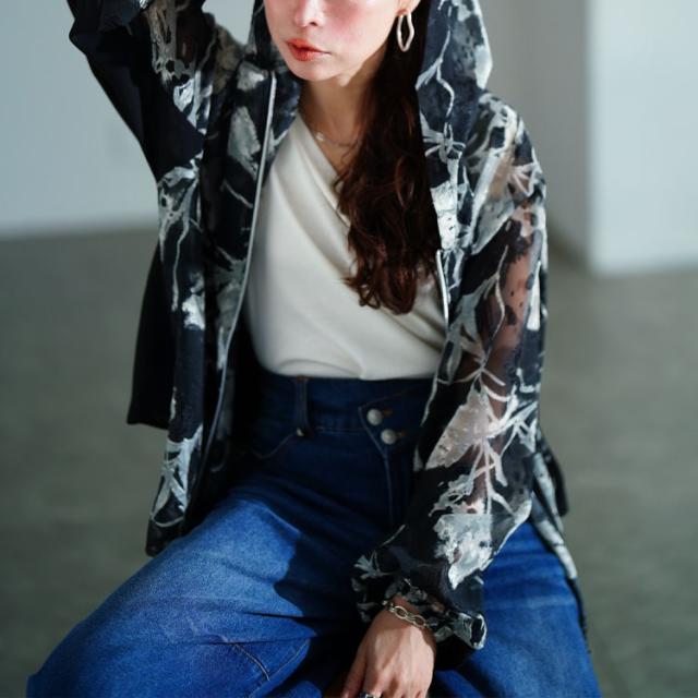 シアー花柄配色ティアード切り替えパーカー