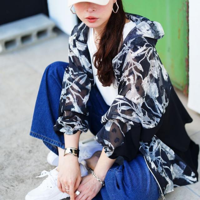 シアー花柄配色ティアード切り替えパーカー