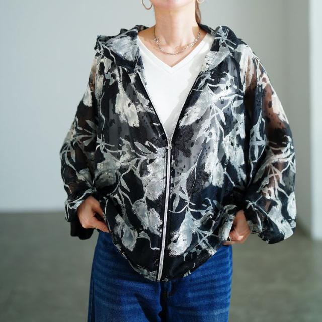 シアー花柄配色ティアード切り替えパーカー