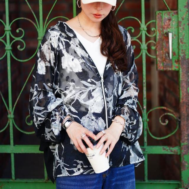 シアー花柄配色ティアード切り替えパーカー