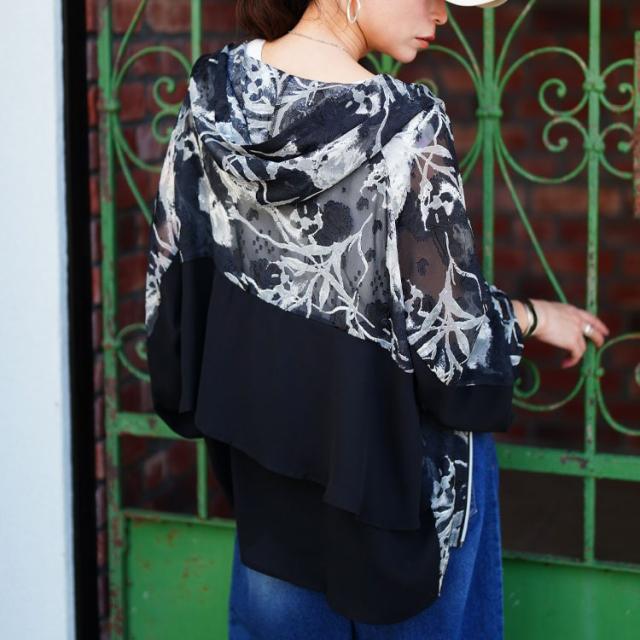 シアー花柄配色ティアード切り替えパーカー