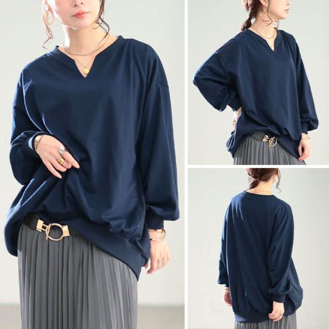 リブ切り替えキーネックプルオーバー