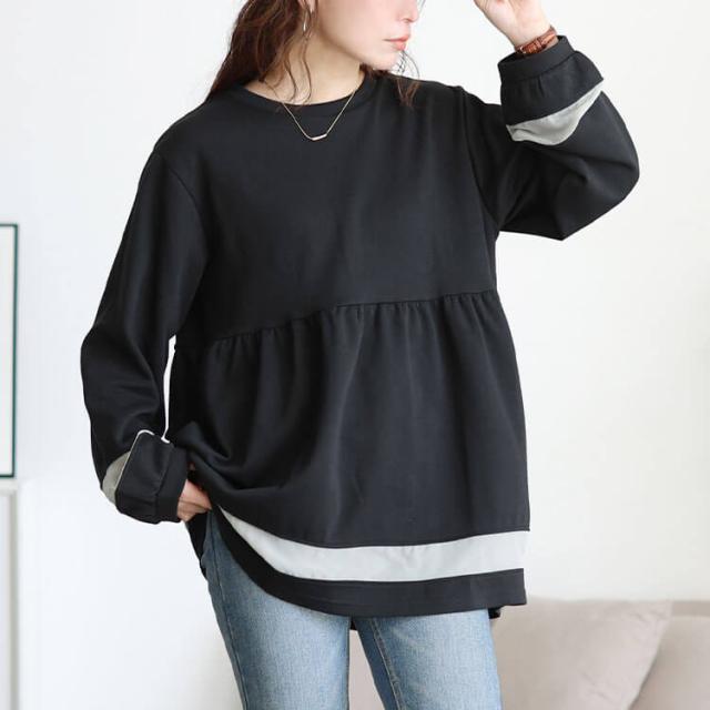 配色異素材切り替えペプラムチュニック