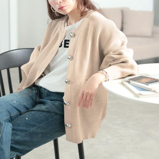 ビッグボタン畦編みニットカーディガン