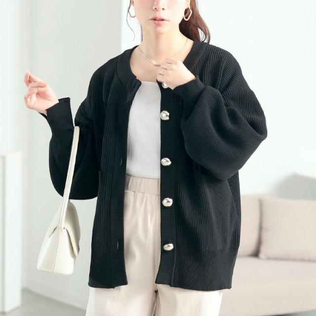 ビッグボタン畦編みニットカーディガン