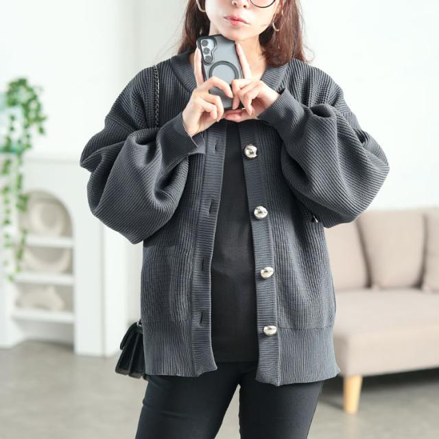 ビッグボタン畦編みニットカーディガン