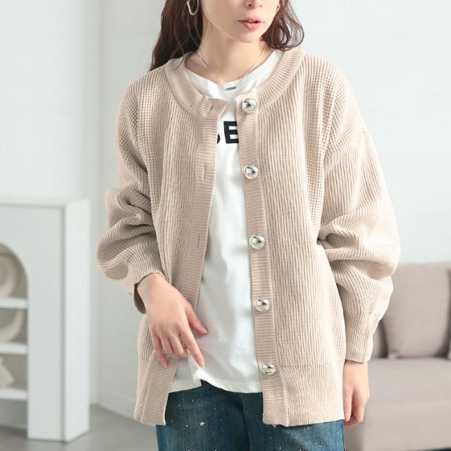 ビッグボタン畦編みニットカーディガン