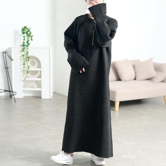 ハーフZIP畦編みニットワンピース