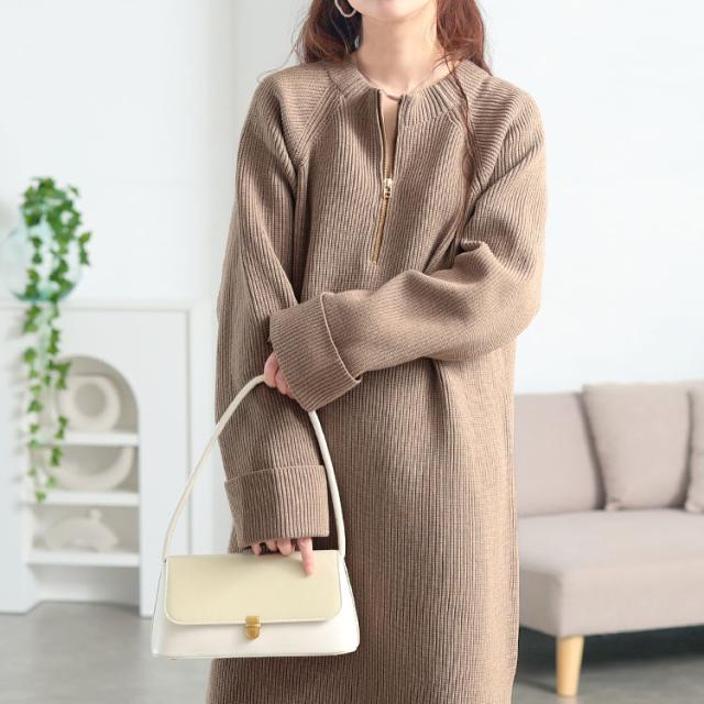 ハーフZIP畦編みニットワンピース