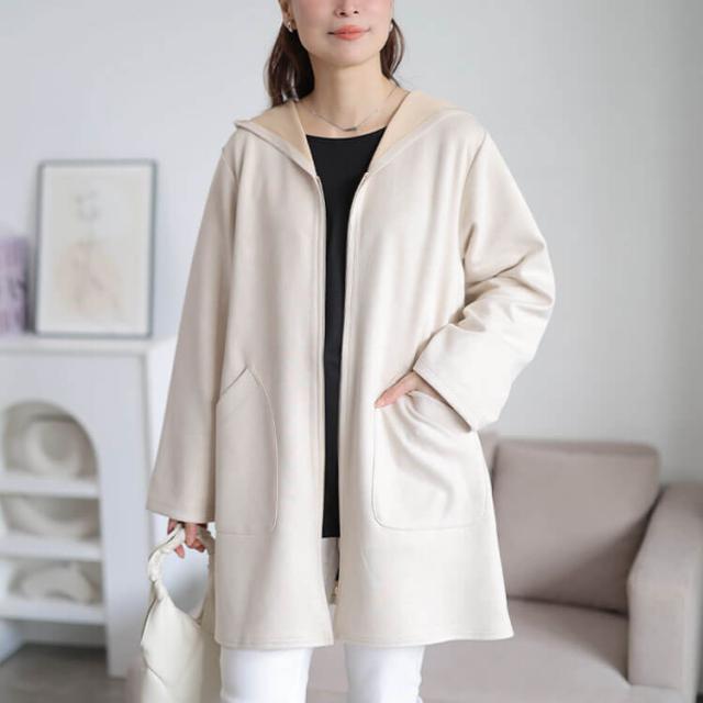 スウェード調フード付きZIPコーディガン