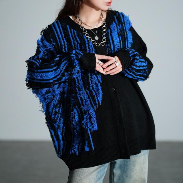 フリンジ切り替えニットカーディガン