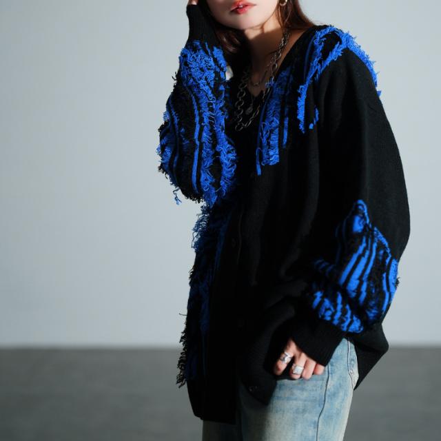 フリンジ切り替えニットカーディガン