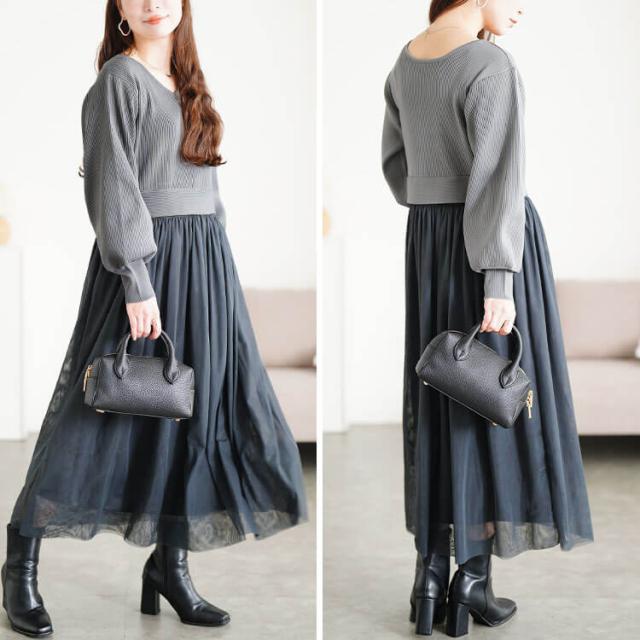 リブニットドッキングチュールワンピース