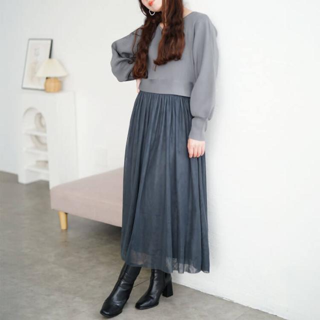 リブニットドッキングチュールワンピース