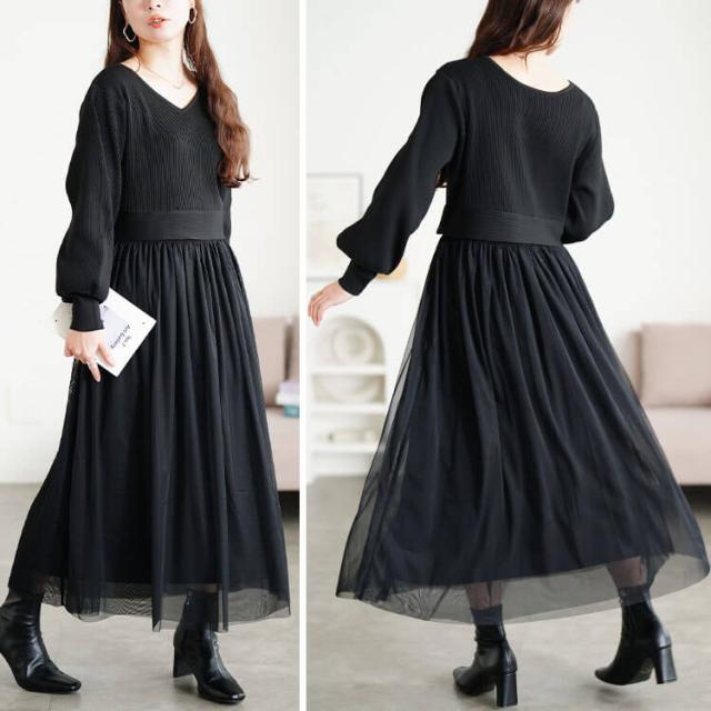 リブニットドッキングチュールワンピース