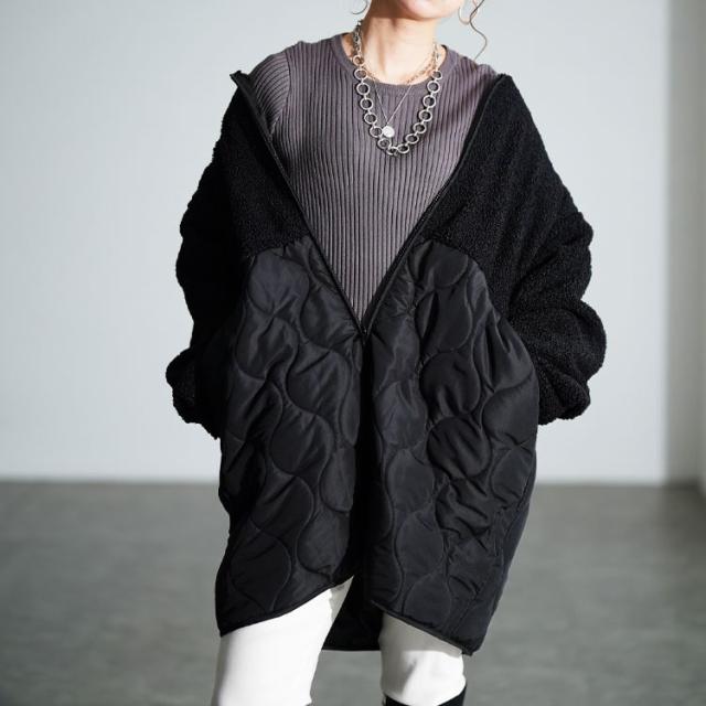 ボア切り替えキルティングノーカラーコート