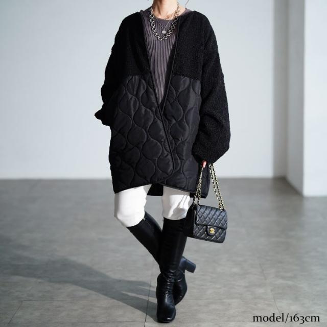 ボア切り替えキルティングノーカラーコート