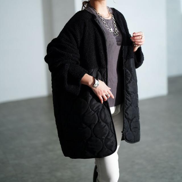 ボア切り替えキルティングノーカラーコート