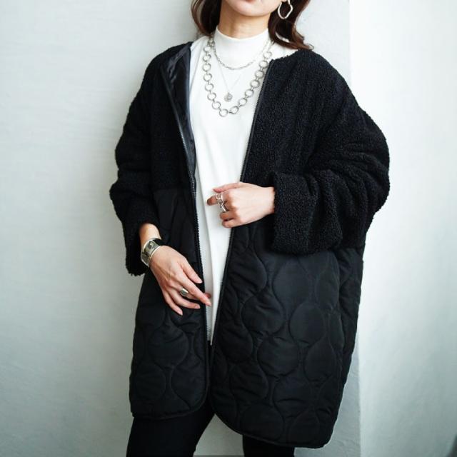 ボア切り替えキルティングノーカラーコート