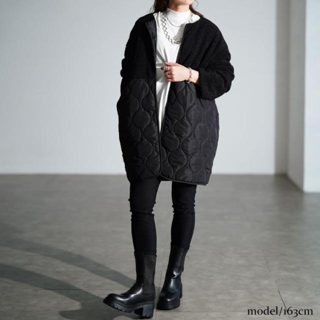 ボア切り替えキルティングノーカラーコート