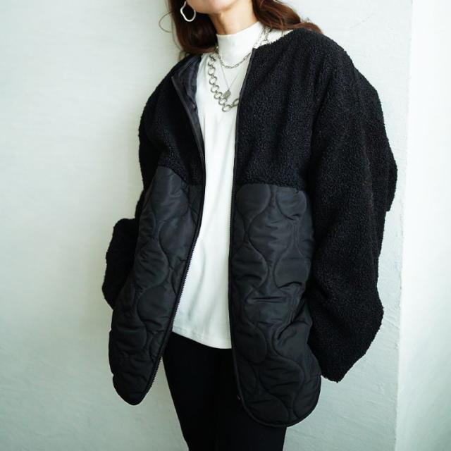 ボア切り替えキルティングノーカラーコート