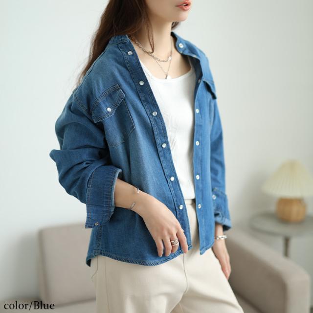 バンドカラーコットンデニムシャツ