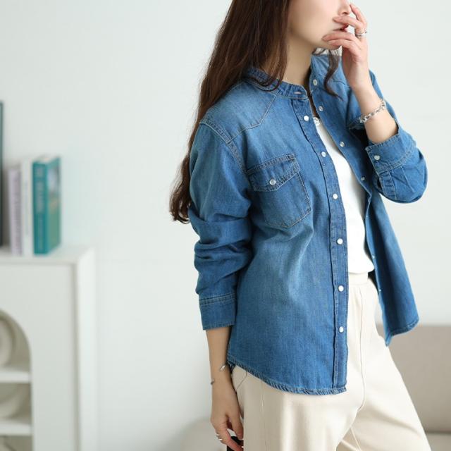 バンドカラーコットンデニムシャツ