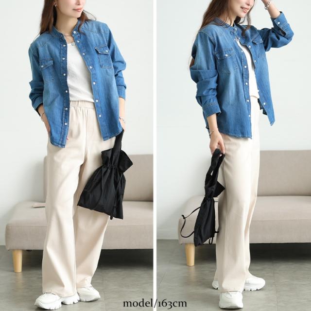 バンドカラーコットンデニムシャツ